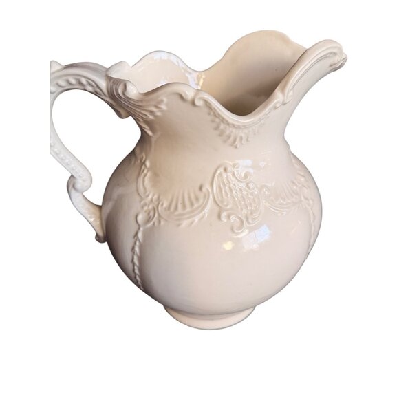 Large White Ceramic Pitcher With Ornate Embossed Design By Arnels - Picture 1 of 8